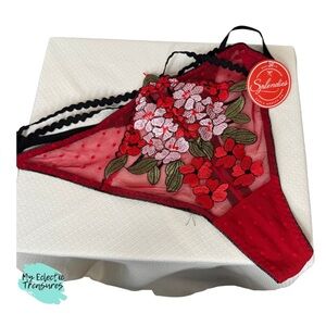 Red and Black Floral Embroidered Thong Panties from Splendies Size 1X